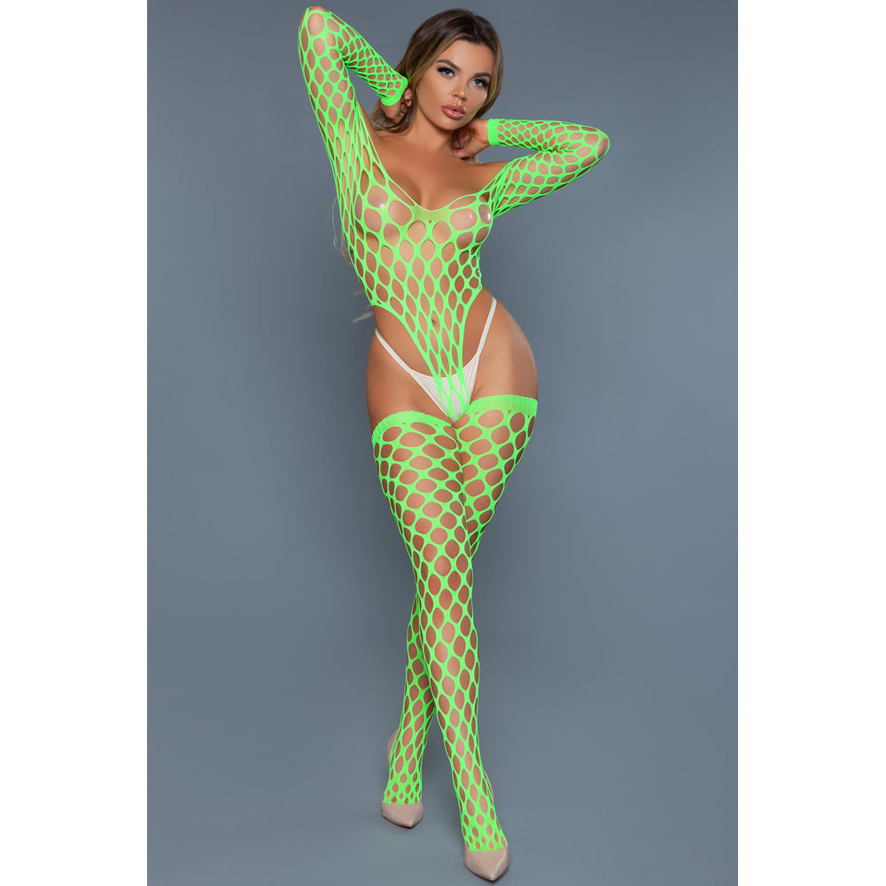 Alluring Fishnet Bodysuit - Neon Green